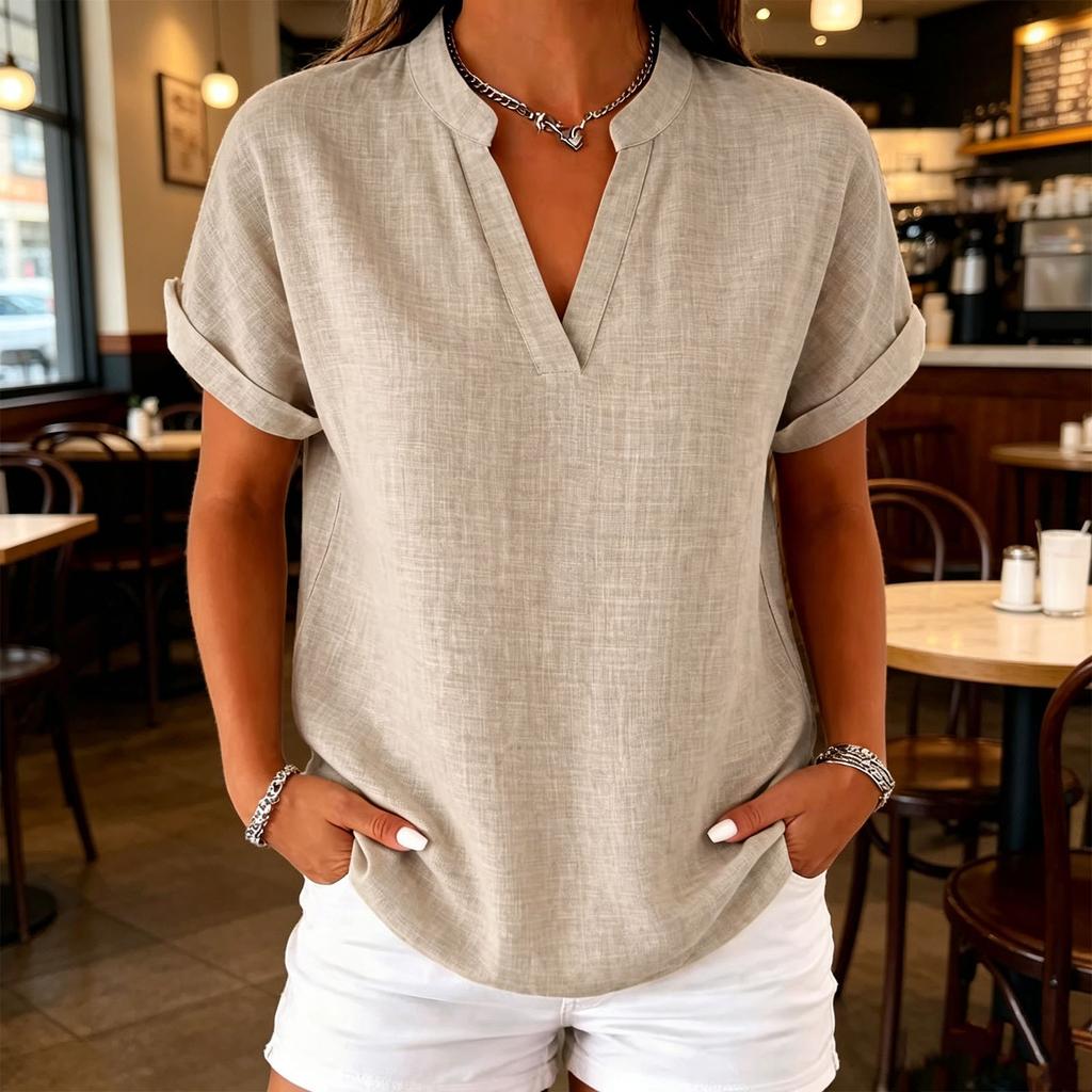 Women's Casual Linen Blend V-Neck Blouse, Short Sleeve Rolled Cuff Loose Fit Tunic Top, Summer Stand Collar Shirt