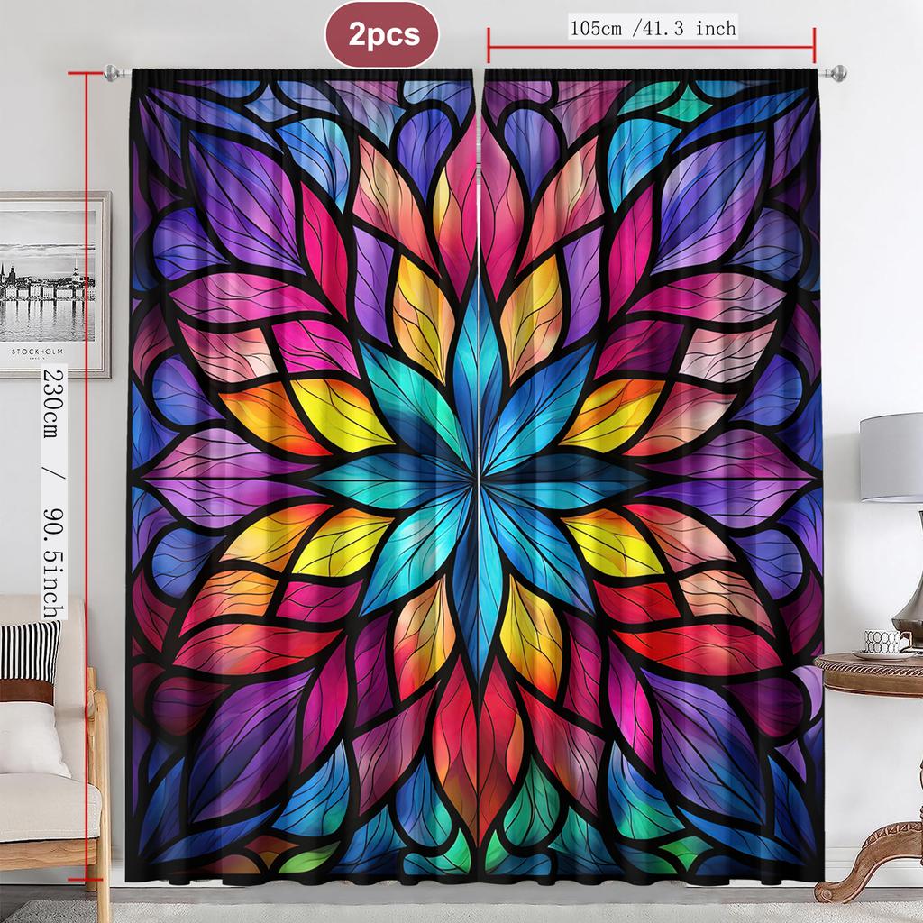 2PC Home Decoration Curtains, Geometric Leaf Flower With Rod Pocket Curtains, Kitchen, Coffee Shop, Living Room, Balcony, Garden