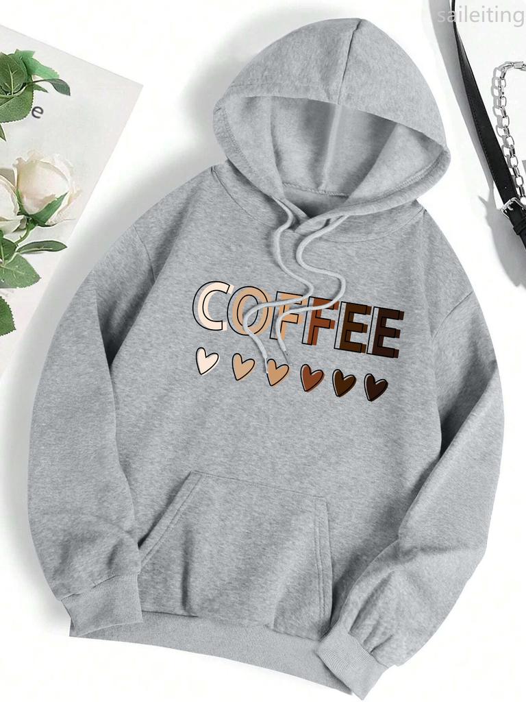 Love Coffee Funny Letter Graphic Printing Hoody Woman Fashion Sweatshirt Casual Kangaroo Pocket Hooded Autumn Clothing