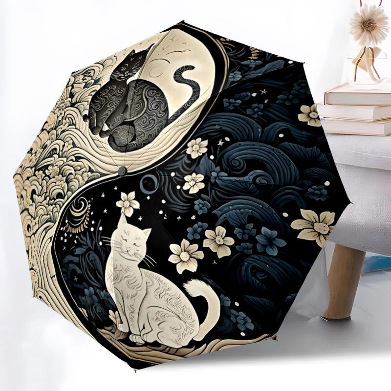 1pc Cats YinYang Automatic Open/Close Umbrella with One Touch Button, Compact Folding Canopy, Sturdy 8 Rib Windproof Design   Lightweight  07