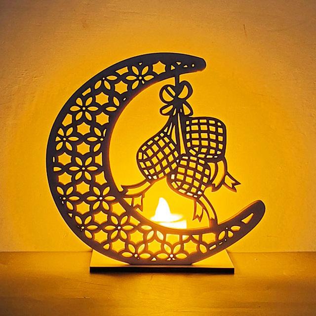 Wooden Moon Star Lights Eid Mubarak Gurbang Muslim Decoration for Home Eid Al Adha Lights