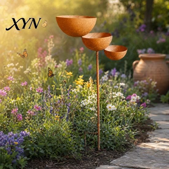 Adjustable Garden Stake 3 Tiered Cascading Rain Catcher Bird Bath, Metal Water Anti-rust Bowl Feeder, Outdoor Pollinator Watering Station for Garden,