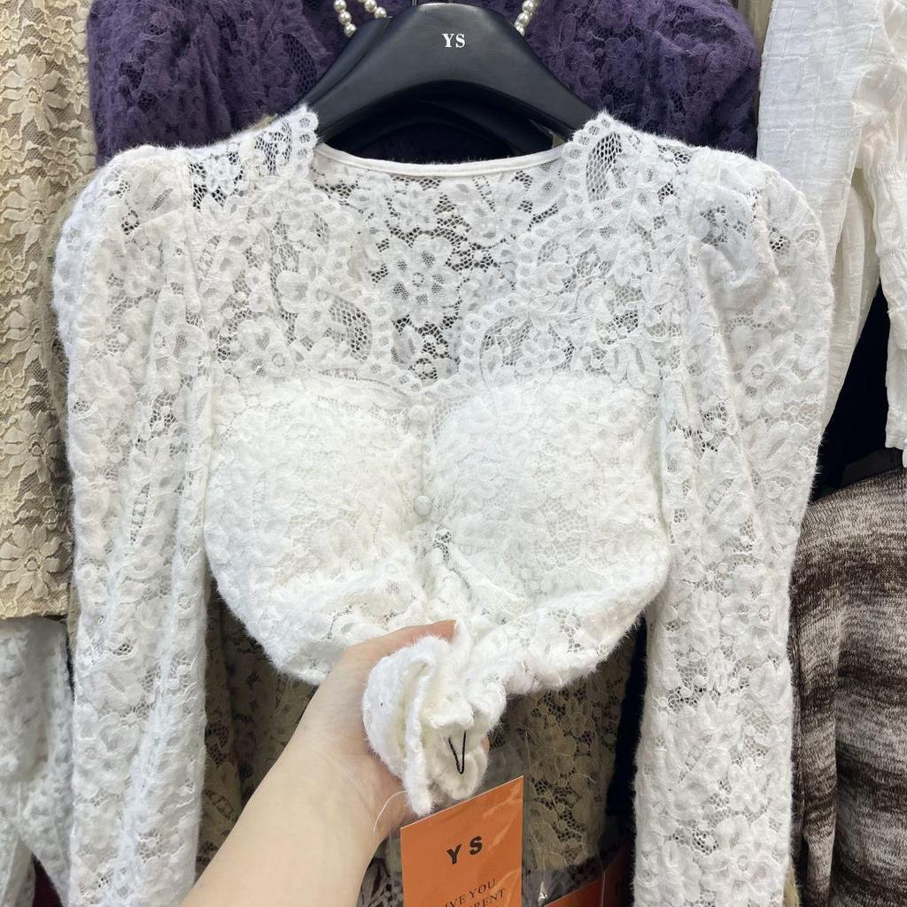 V-Ausschnitt Langarm Puffärmel Spitzenoberteil für Damen - Slim Fit Aushöhlungsdesign