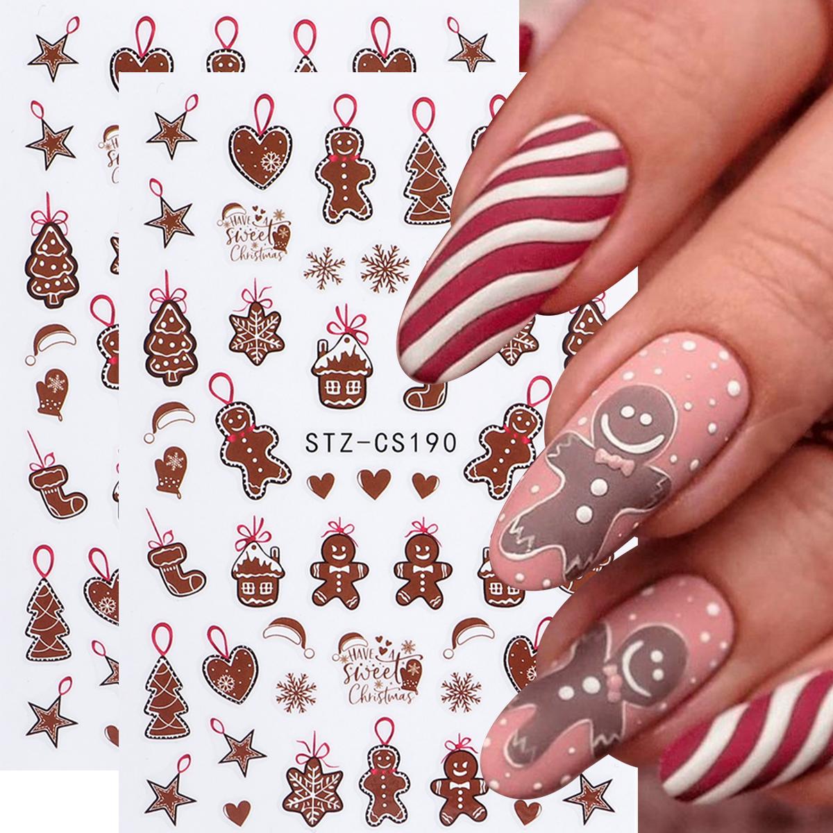 

2 шт. Мультяшные рождественские наклейки для дизайна ногтей Пряничный человечек Носки Звезды Сердечки Рождественская елка Снежинки Самоклеящиеся наклейки для ногтей