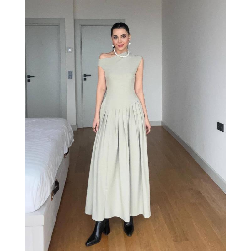 Summer Asymmetrical Neck Short Sleeve Dress with Ruched Design for Women