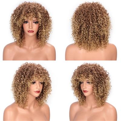 Short Afro Kinky Curly Wig Synthetic Ombre Brown Blonde Wigs for Women Side Part Bob Wigs Heat Resistant Natural Hair