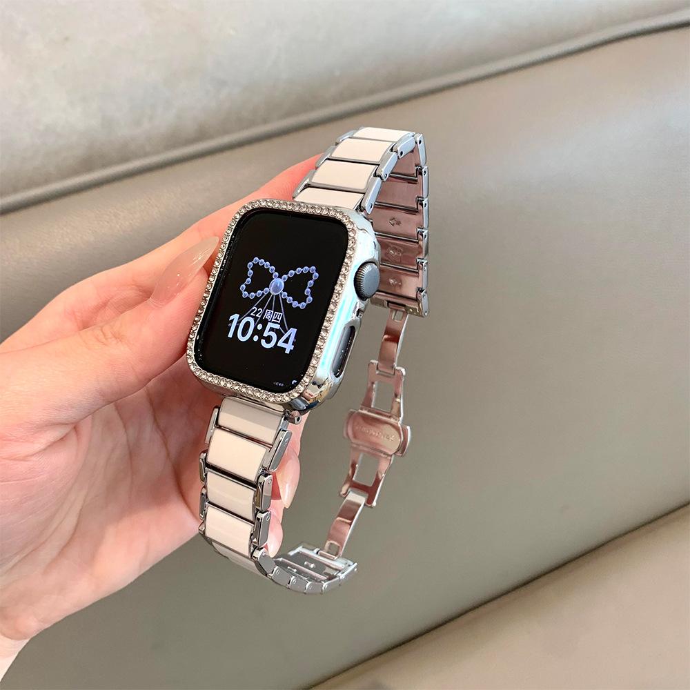 For Apple Applewatch10 Watch iwatch9876SE imitation ceramic white metal butterfly buckle strap