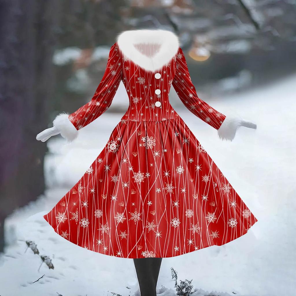 Women's Casual Dress Long-Sleeve V-Neck Patchwork Fleece Christmas Print Dress