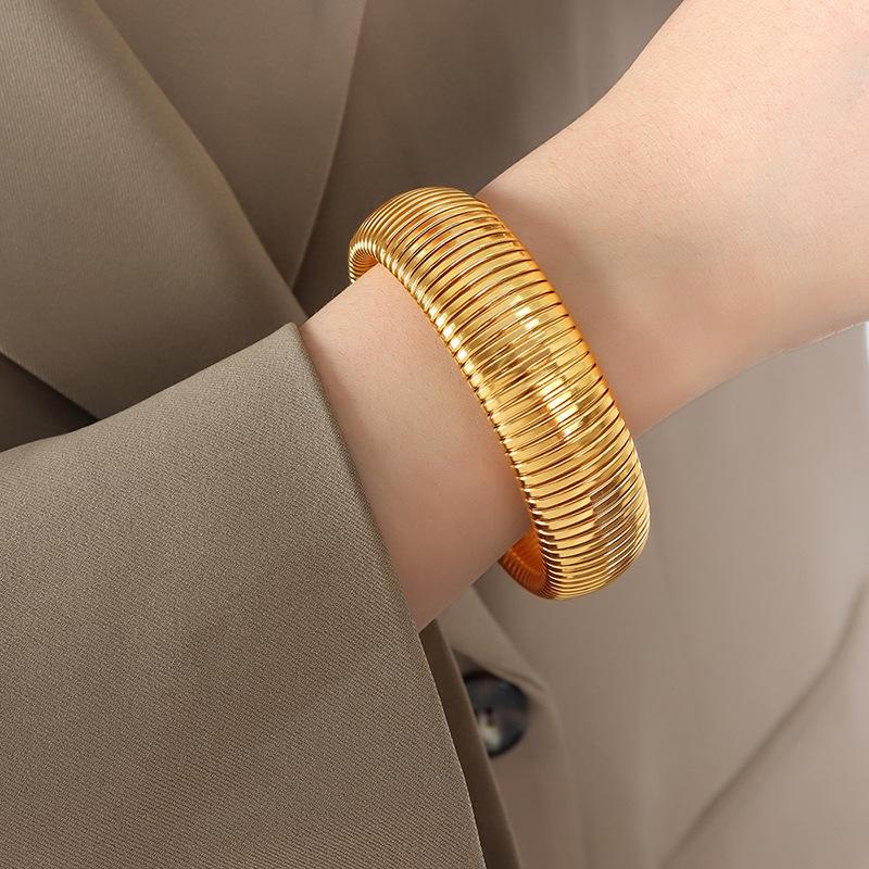 European  American Retro Wide Bracelet: Exaggerated Stripe Design in 18K Gold  Titanium Steel, Non-fading Women s Jewelry.