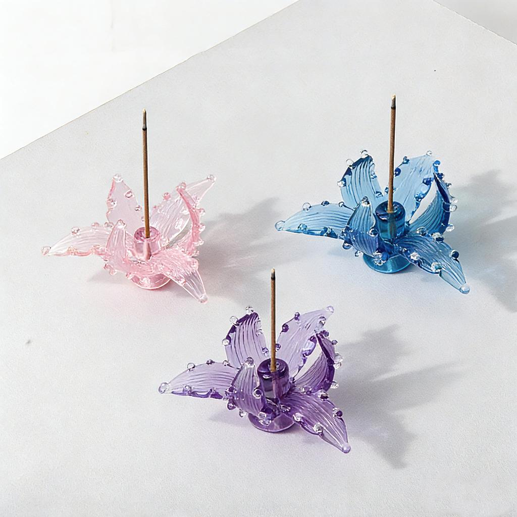 Handmade Flower Ceramic Incense Holder, Artificial Crystal Glass Foam Incense Sticks Holder  Artistic Iris Flower Gift for Women