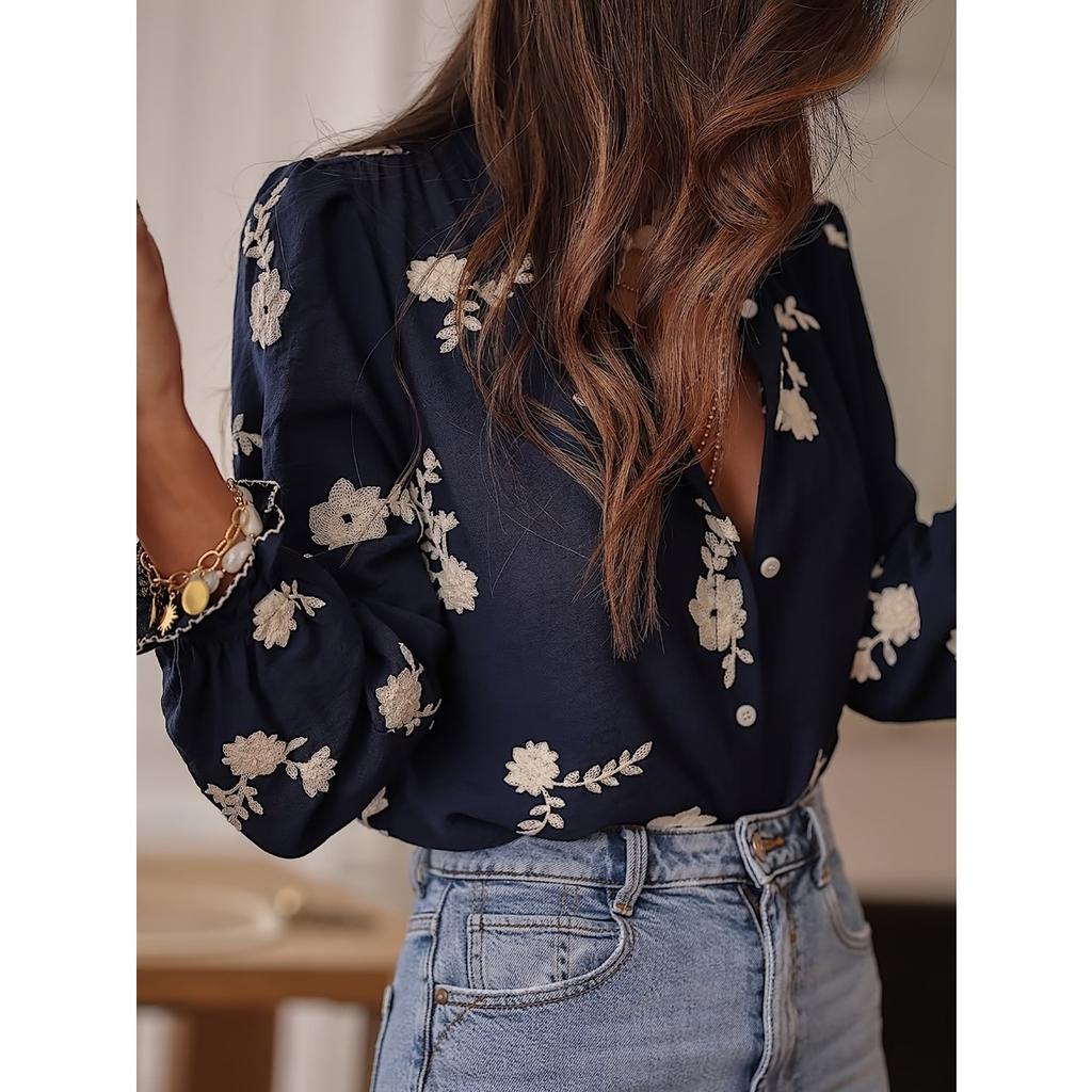 Spring Summer New Women's Embroidered Long Sleeve Chiffon Blouse European American Style Casual Elegant Ladies Top