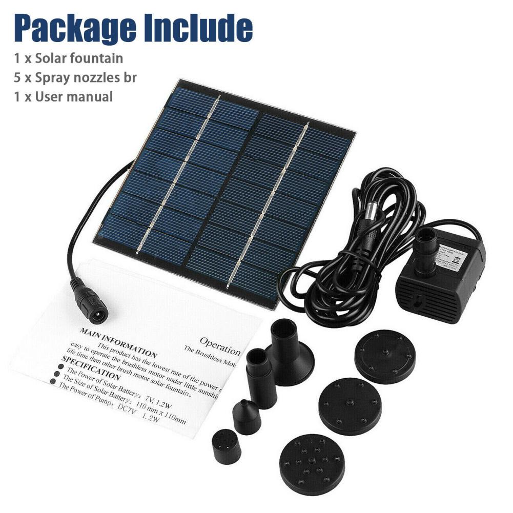 

Сонячний фонтанний насос, замінний на 5 форсунок. Водяний насос для фонтану для ставка. Легке встановлення. Портативний для фонтану. Занурювальний. чорний