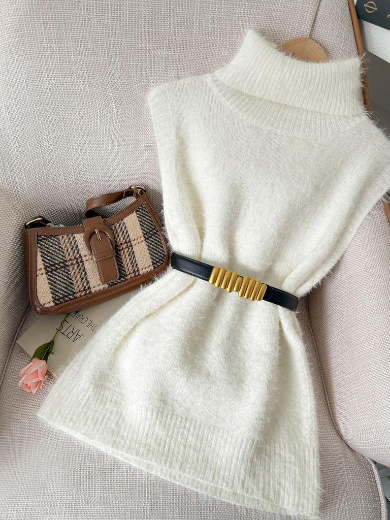 High-End Weißer Strick-Damenweste mit hohem Kragen und Lagen für Herbst und Winter
