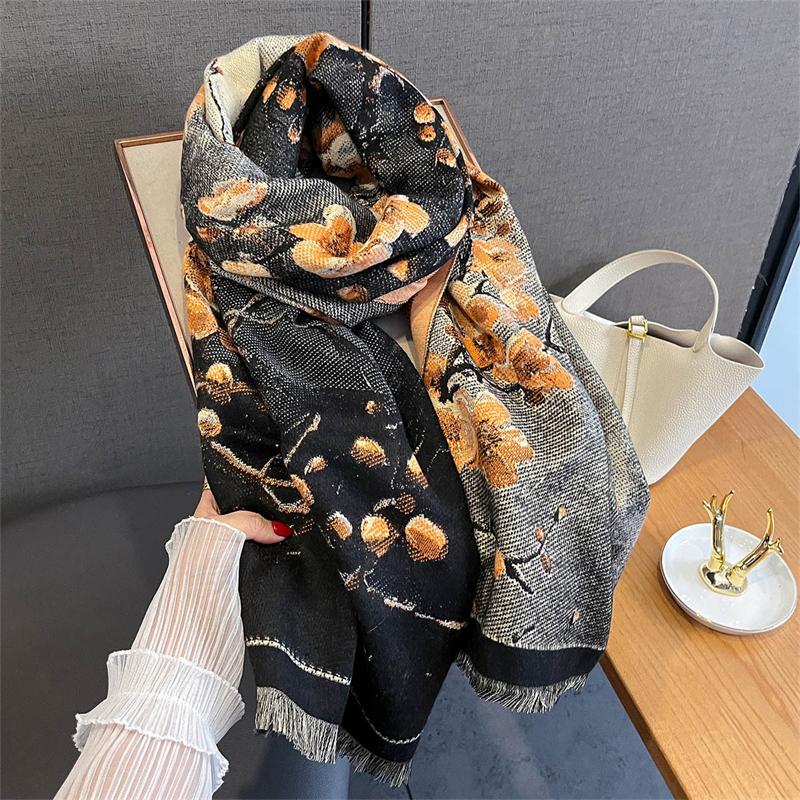 65*190cm Winter Warm Women Scarf Double-Sided Flower Faux Cashmere Scarves Luxury Wrap Shawls High-Quality Pashmina