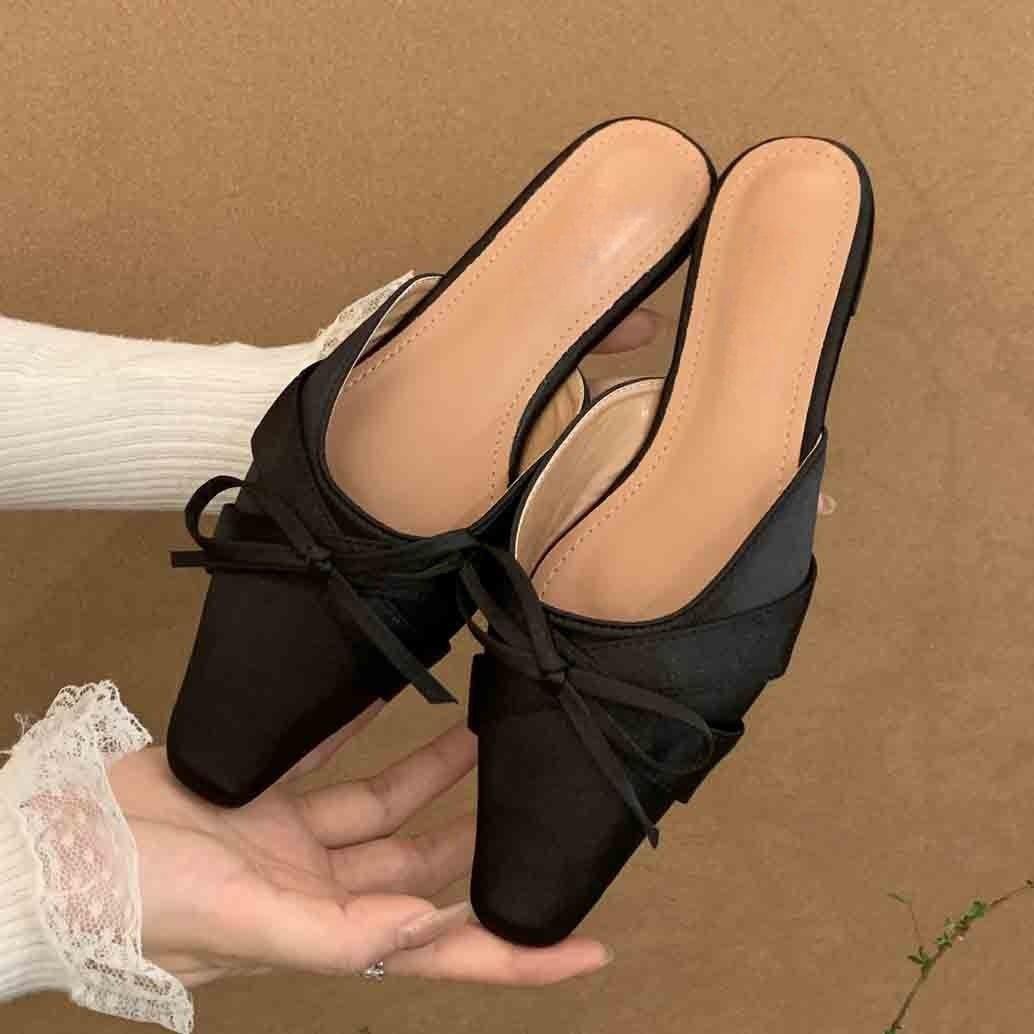 

Flat-bottomed fairy style with skirt French sandals Summer 2025 pointed head bow bag head half slippers outer wear 40