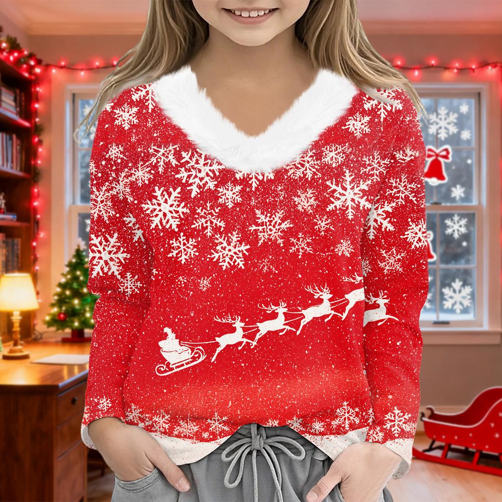 Christmas Day Girls Long Sleeve T Shirts Kids  Girls' V-Neck Tee Christmas Print Long Sleeve Top