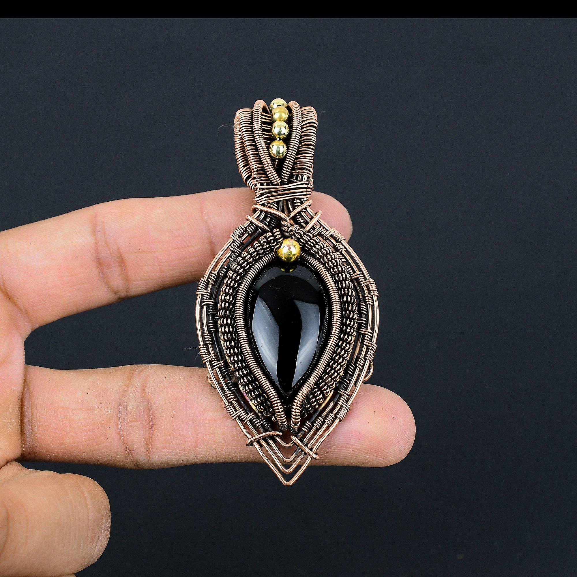 

Украшения из черного оникса, Кулон, обернутый медной проволокой 999 пробы, Ювелирные изделия из драгоценных камней ручной работы, Подарки для жены, Совершенно новый кулон 2.55 Inches