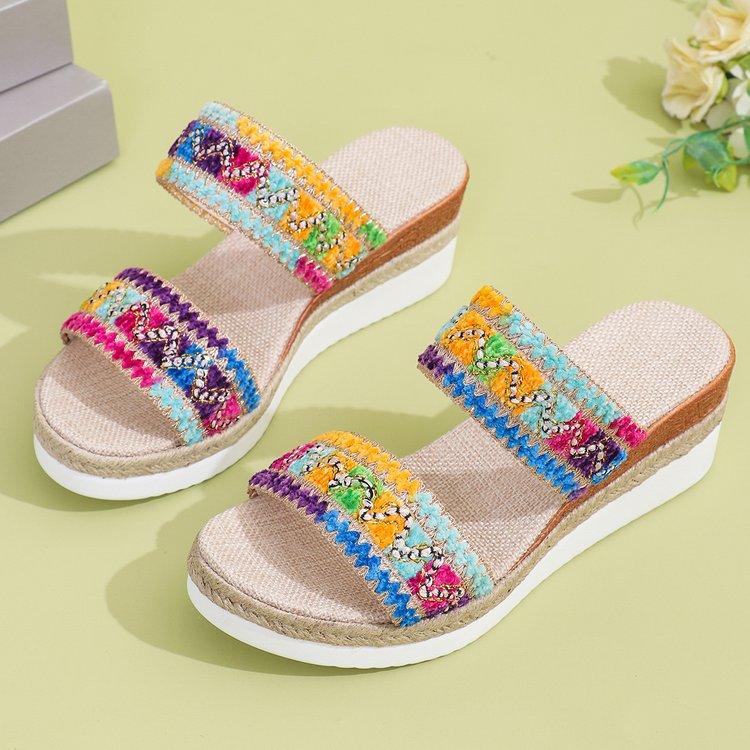 Sandale Boho de Vară Noi pentru Femei, Lățime Mare, cu Degetul Plat, Pânză, Jută, Pană, Curele Antiderapante, Mărimi Mari, Pantofi Casual