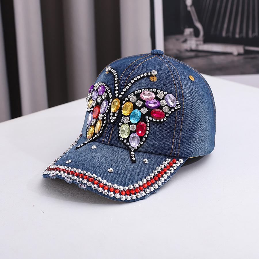 European and American Fashion Rhinestone Butterfly Denim Baseball Cap - Versatile Outdoor and Sun Protection Accessory