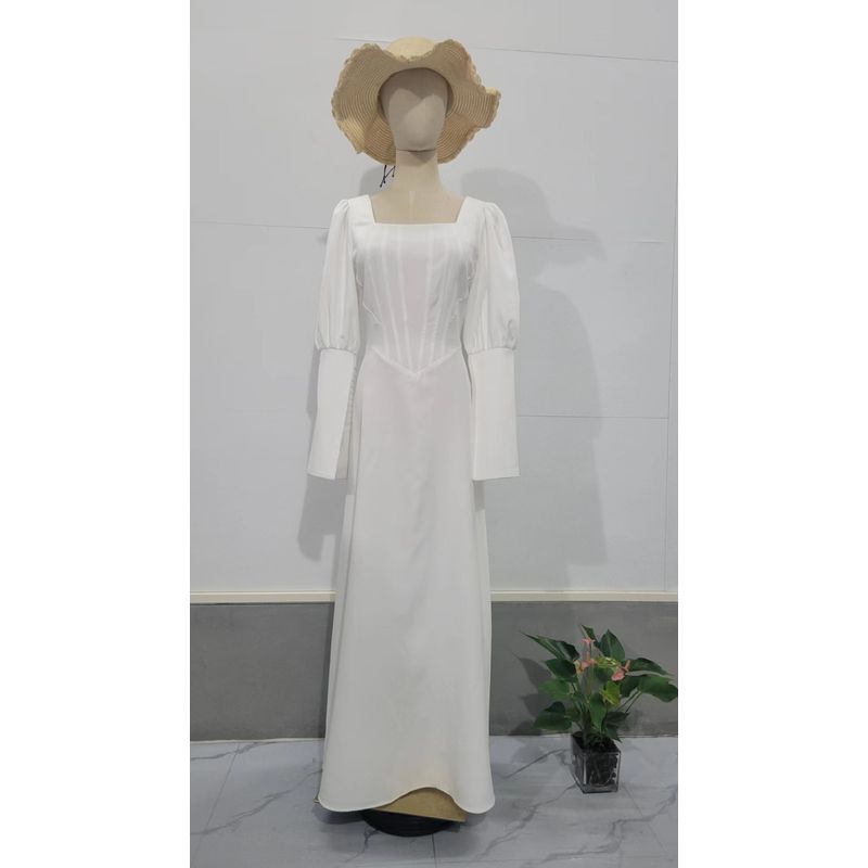 

Модное новое поступление платье с длинными рукавами, приталенное по талии, с квадратным вырезом, с акцентом на талии, платье с квадратным вырезом White S