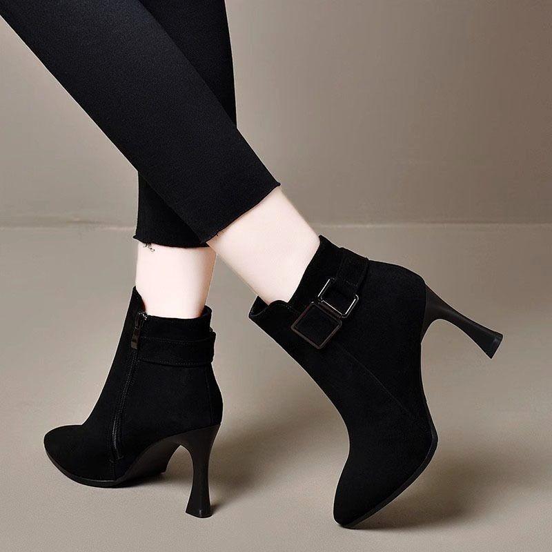 Fashion Fall New Pointed Toe Side Zipper Metal Belt Buckle Anti-Slip Wear-Resistant Stiletto Heel Short