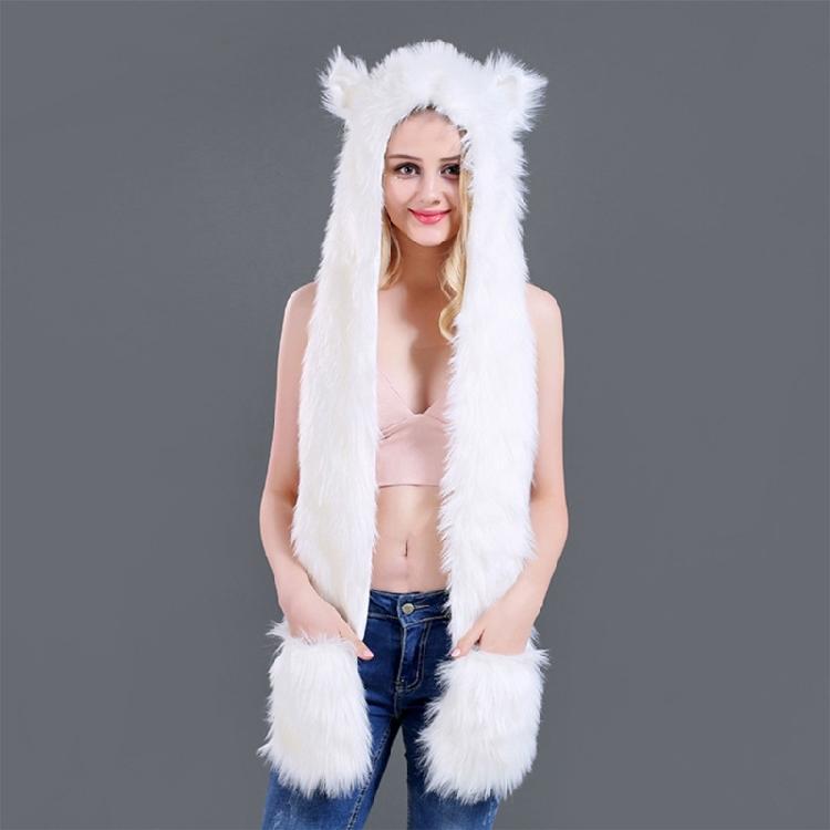 Plush Animal Ear Hat for Adult Unisex Earflap Gloves Scarf All In One Warm Trapper Hat Outdoor Activity Cold Weather Hat