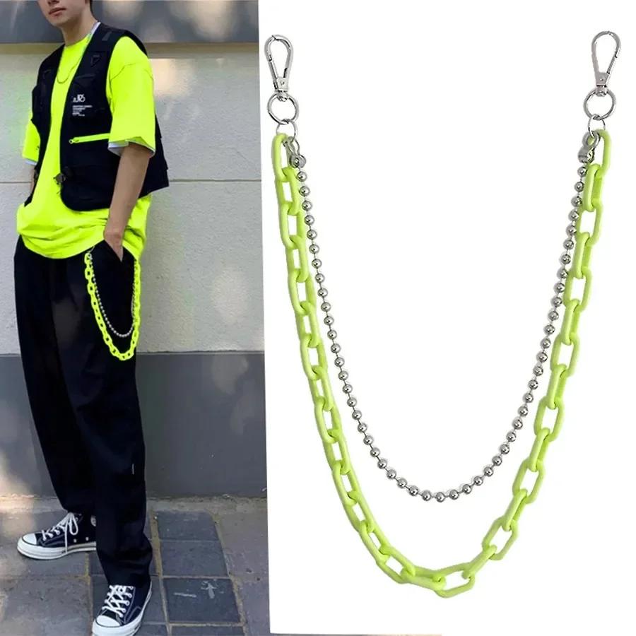 Hip Hop Punk Belt Chain Key Chain Ring Women Men Multicolor Resin Circle Heart Pendant Waist Chain Bag Car Jeans Skirts Pants