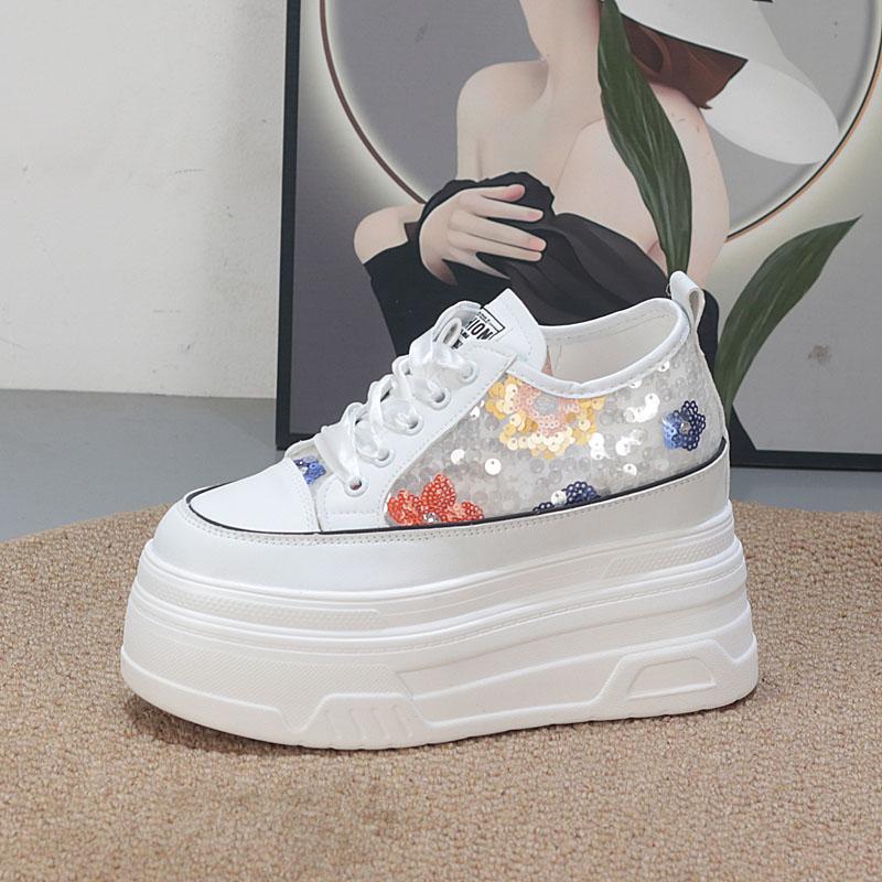 Fashion 10CM Air Mesh Microfiber Leather Fashion Summer Chunky Sneaker Lace Up High Brand Comfy Booties Bling Shoes Women