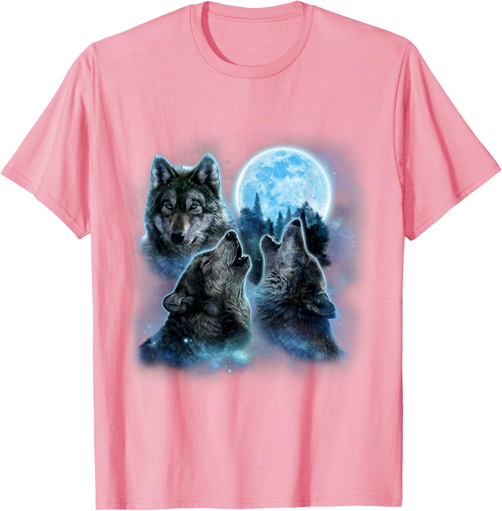 Three Wolves Howling Blue Full Moon Graphic Tee Breathable Cotton Casual T-Shirt for Men