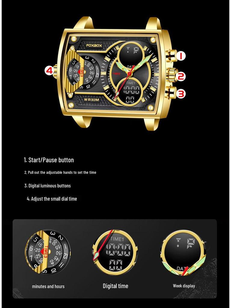 Men's Fashionable Square Dual Display Quartz Watch for Students with Large Dial