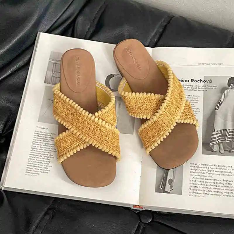 2025 Summer Women Fashion Weave Cross Slippers Casual Comfort Wedges Heel Beach Vacation Slides Shoes