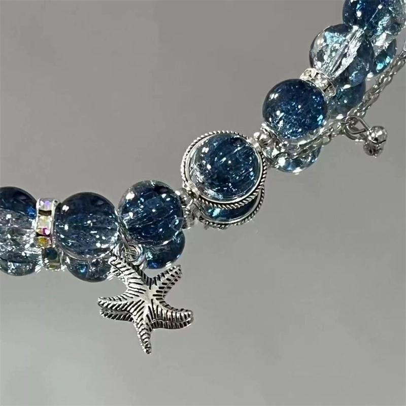 Niche Design Starfish Chain Tassel Bracelet for Women Fantasy Gradient Blue Crystal Beads Elastic Rope Bracelet Student Jewelry