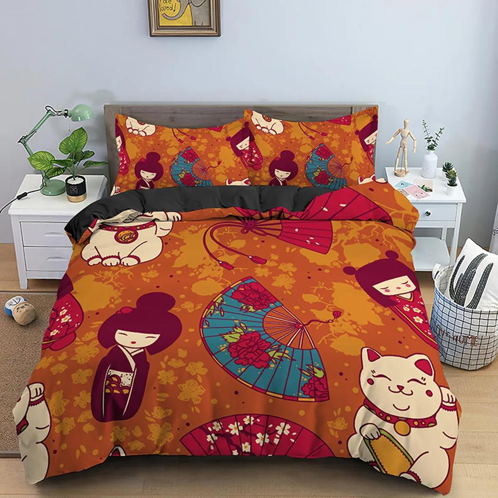 Japanese Good Luck Doll Printed Duvet Cover Cartoon Lucky Cat For Kids Girls Women Fan White Quilt Cover Bedroom Decorations