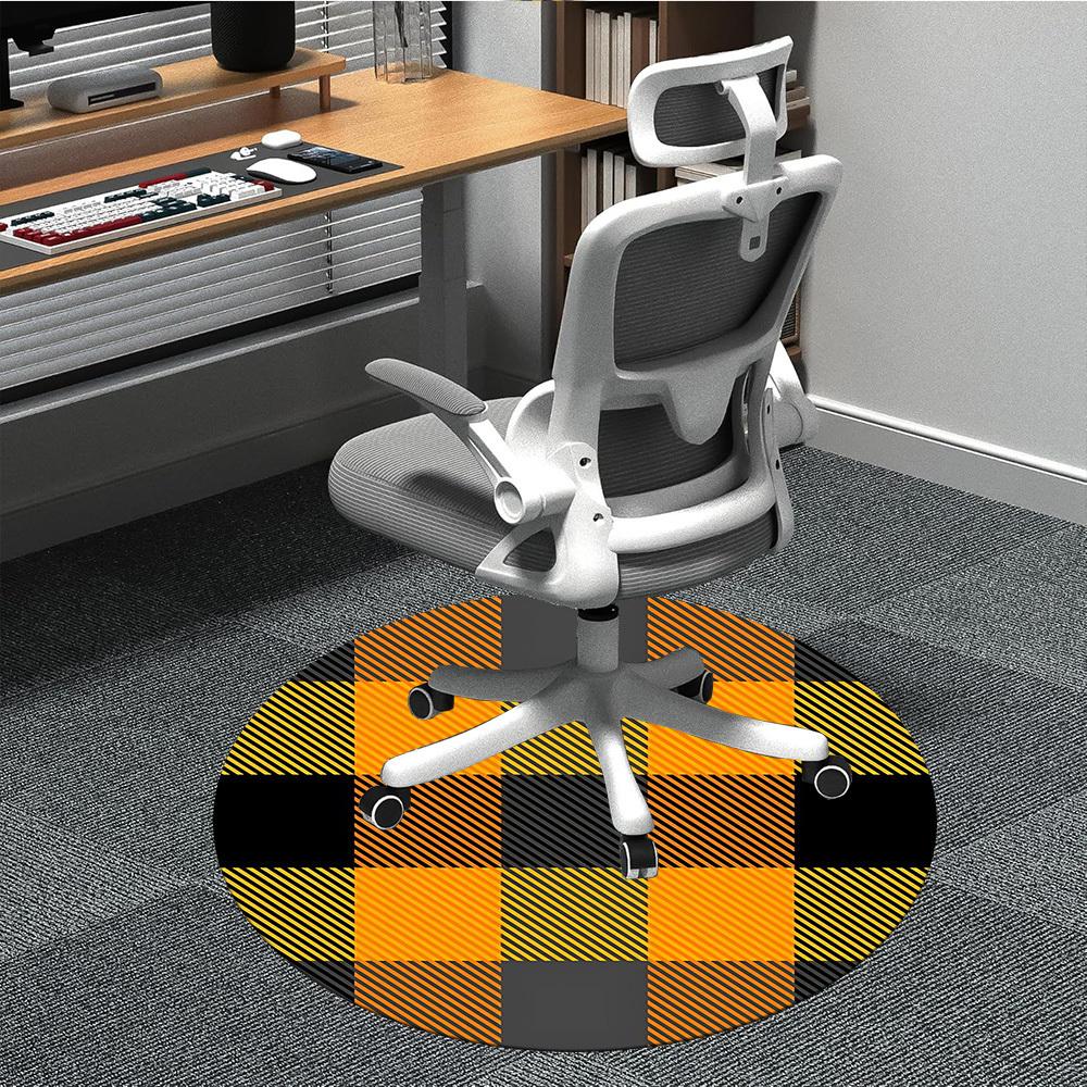 1 Stück Orange Schwarz karierter Stuhlteppich für das Büro, Runde Polyestermatte, Innendekoration für das Büro, Pflegeleichtes Gewebe, Waschbarer rutschfester Teppich