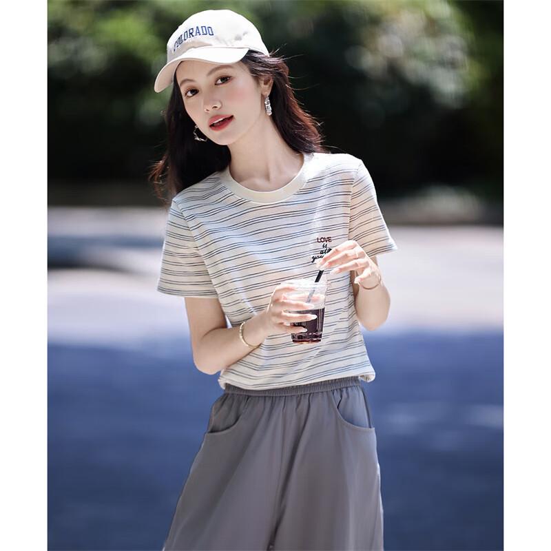 Shangjing Women's Simple Striped Short Sleeve T-Shirt