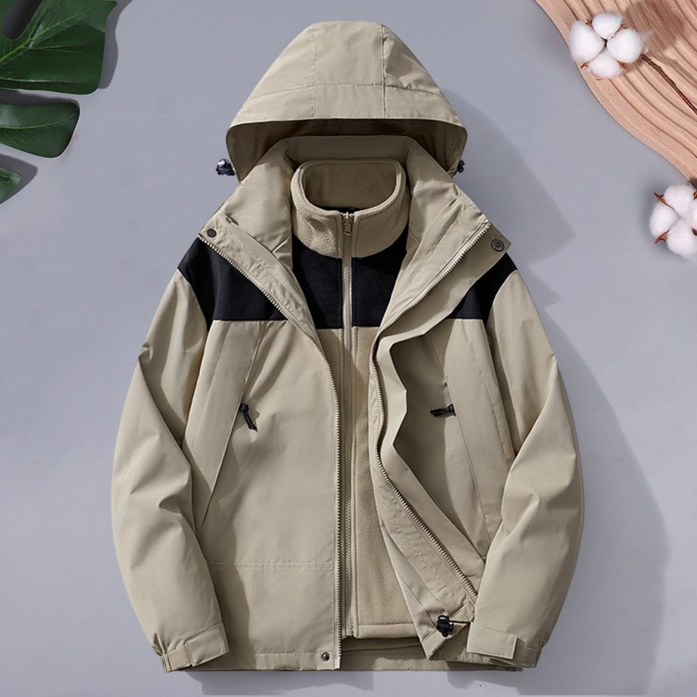 2Pcs/Set Trench Coat with Detachable Hood Contrasting Color Splicing Design Adjustable Cuffs Elastic Hat Outdoor Jacket Liner Se