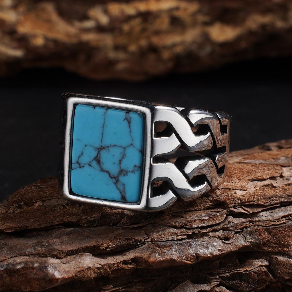 1pc Men's Vintage 316L Stainless Steel Ring with Natural Tiger's Eye Stone Turquoise- Intricate Detailing, Unisex Jewelry