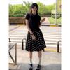Korean-Style Black Button-Down Design Knitted Short-Sleeved T-Shirt for Women, Summer High-Waisted Slimming Polka Dot A-Line Skirt Two-Piece Set