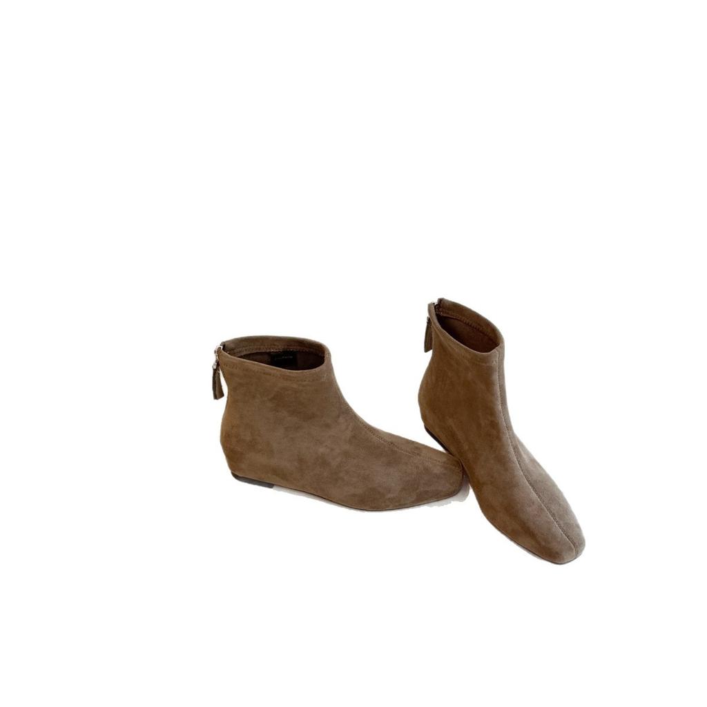 Flat Bottom Thin Boots Women's 2025 Autumn and Winter New Square Head Elastic Bare Boots Suede Martin Boots Velvet Leather Short Boots