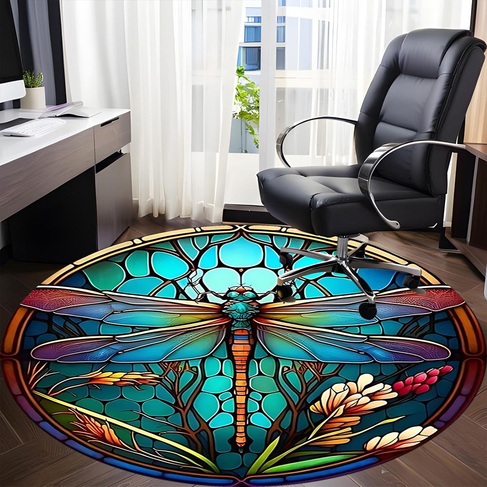 1PC Dragonfly StainedGlass Office Round Area Rug, Mat Suitable ForOffice, Under Office Chairs Bedroom Living Room Home Decor, Room Deco