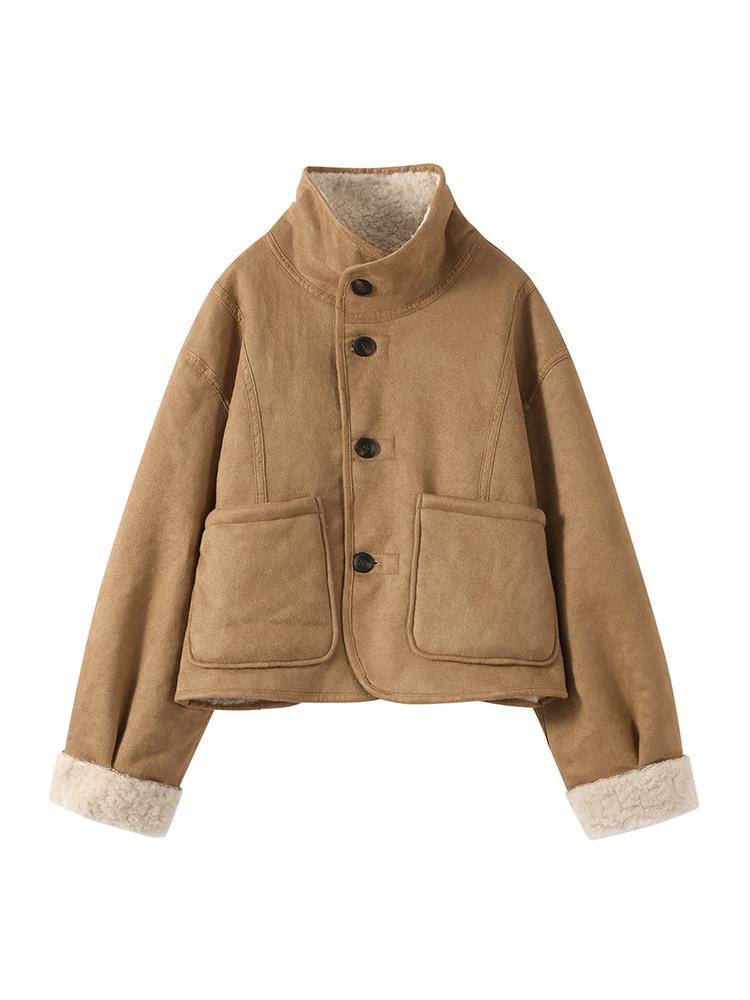 Women's Double-sided Winter Jacket Stand Up Collar Warm Jacket Women's Suede Lamb Wool Jacket Fashionable Thick Jacket Autumn and Winter