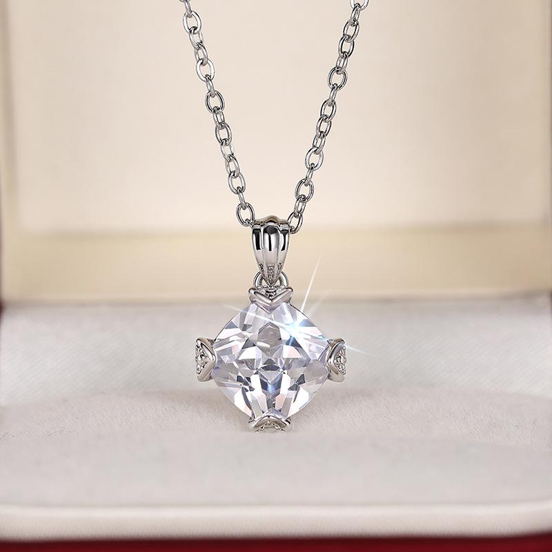 Silver Plated Square Cut Clear Zircon Pendant Necklace