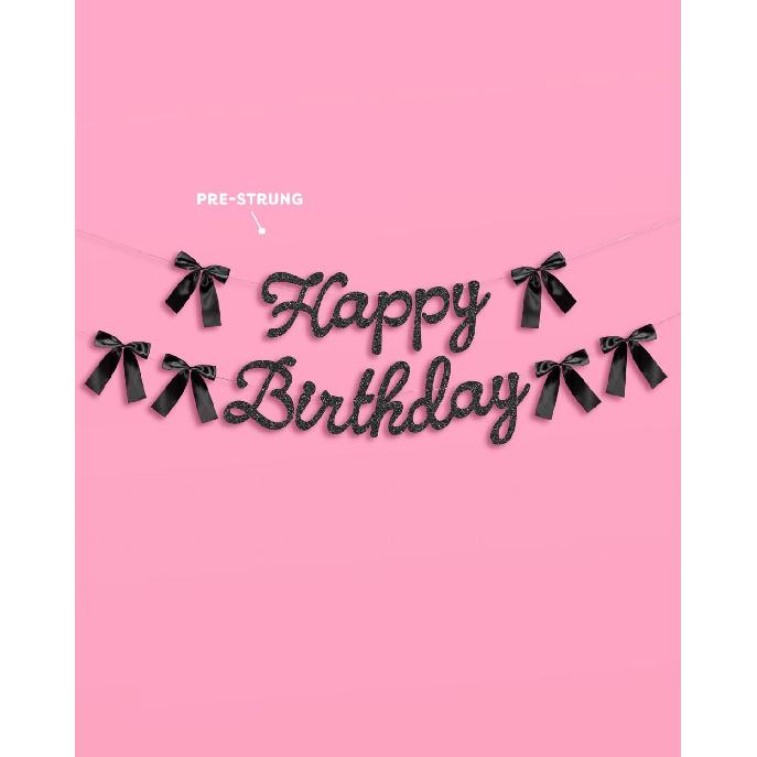 Xo, Fetti Happy Birthday Banner, Black Glitter + Satin Bows - 5.5 Ft. | Birthday Decorations, Coquette Bday Decor, 30th Party Sign, 21st Photo Booth
