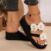 Fashion Brand Designer Mesh Floral Decoration Flip Flops Women 2025 Summer Black Wedge Heels Outdoor Slippers Casual Beach Sandals