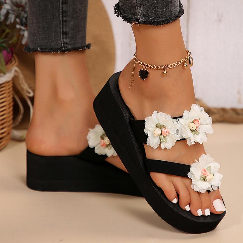 Fashion Brand Designer Mesh Floral Decoration Flip Flops Women 2025 Summer Black Wedge Heels Outdoor Slippers Casual Beach Sandals