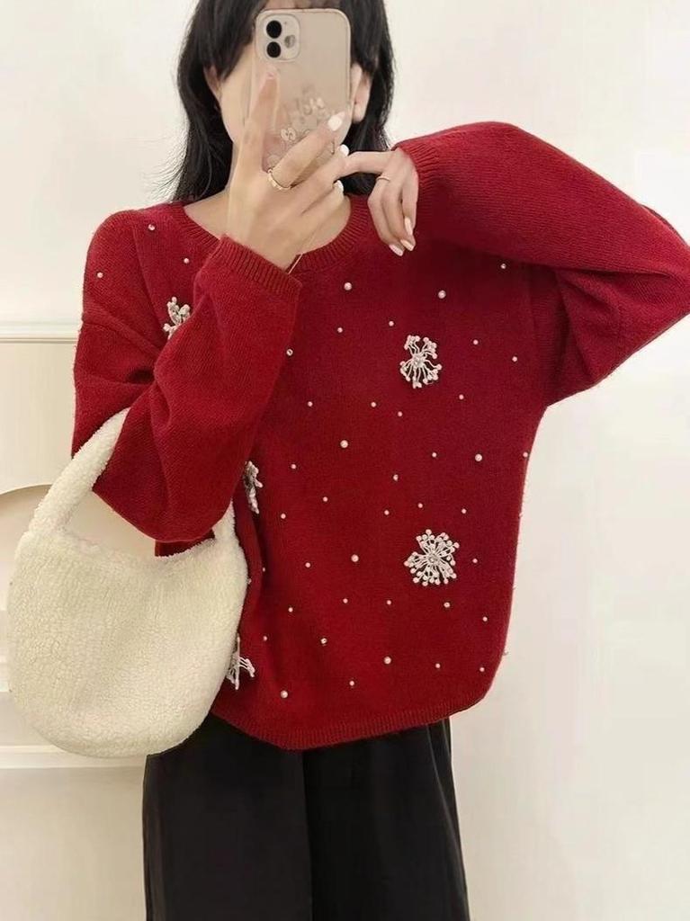 Women's Round Neck Beaded Knit Sweater - Loose Fit, Autumn/Winter Outerwear