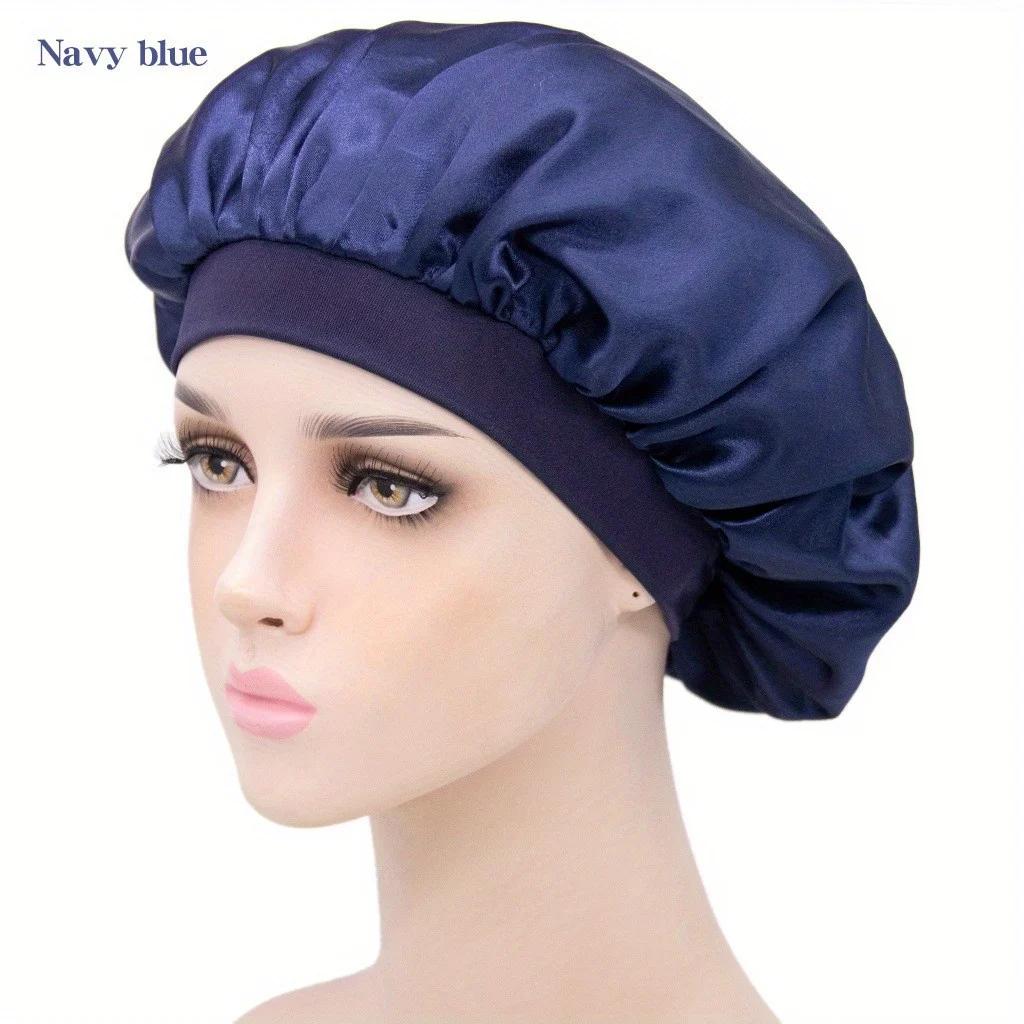 

Women s Solid Color Satin Sleep Bonnet, Elastic Narrow Edge Hair Cap for Daily Home, Smooth Silk Bonnet for Sleeping Hair темно-синий