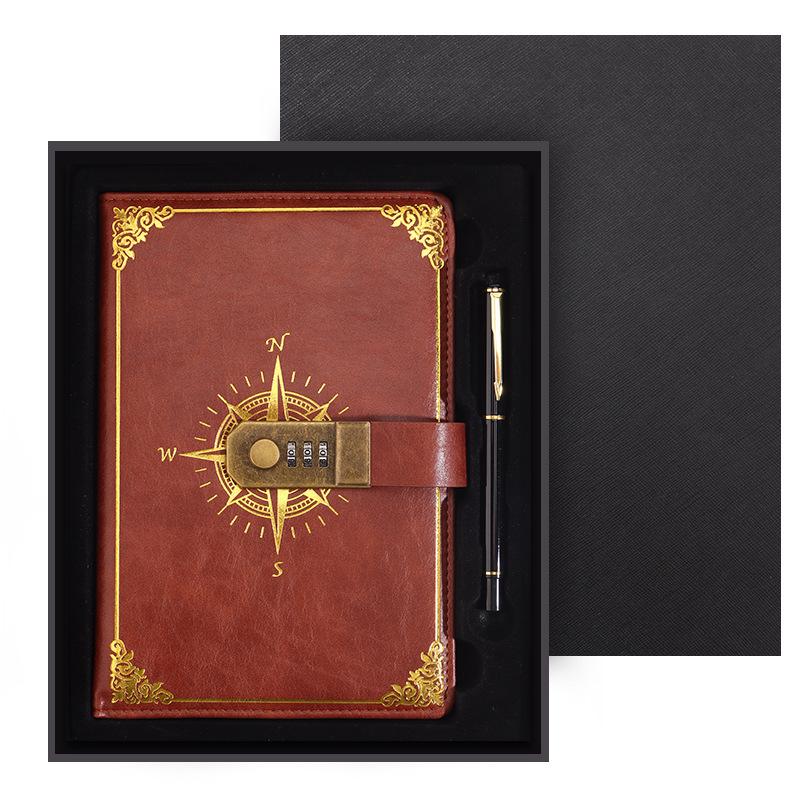 Zestaw notesu A5 w stylu retro z hasłem w pudełku prezentowym: Dziennik spotkań biznesowych z możliwością personalizacji logo.