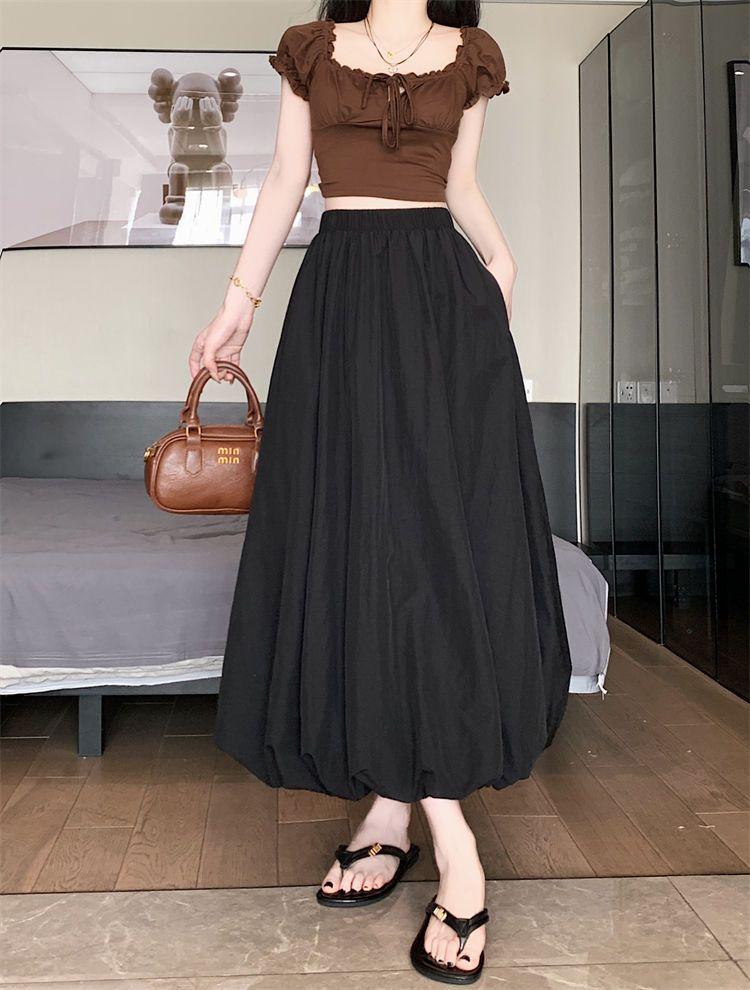 Women's 2025 Summer High Waist A-Line Puffy Flower Bud Midi Skirt