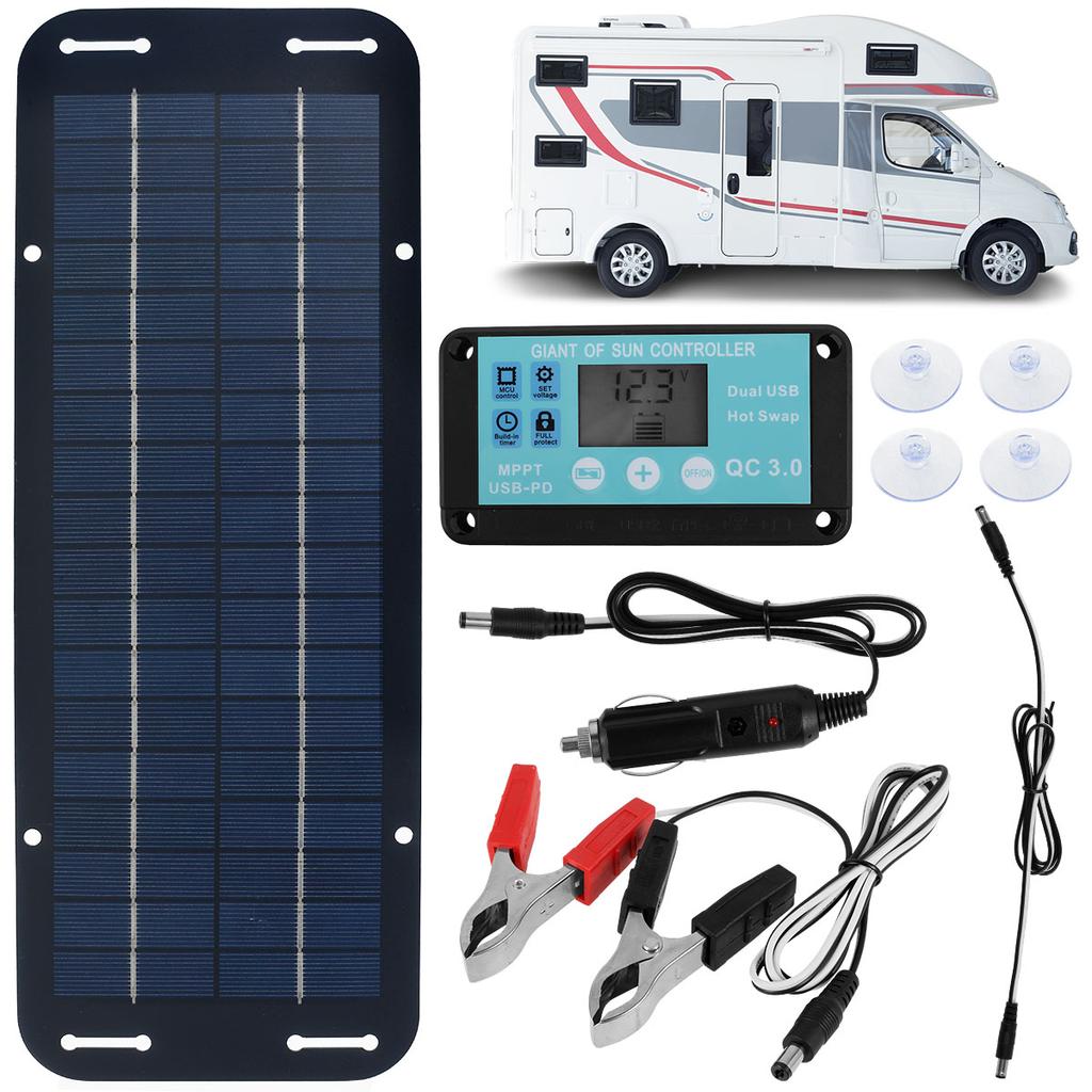 Kit Pannello Solare 30W 12V Impermeabile per Esterni Caricabatterie ad Energia Solare Portatile Kit Caricabatterie con per Telefono Camper Auto Roulotte Casa